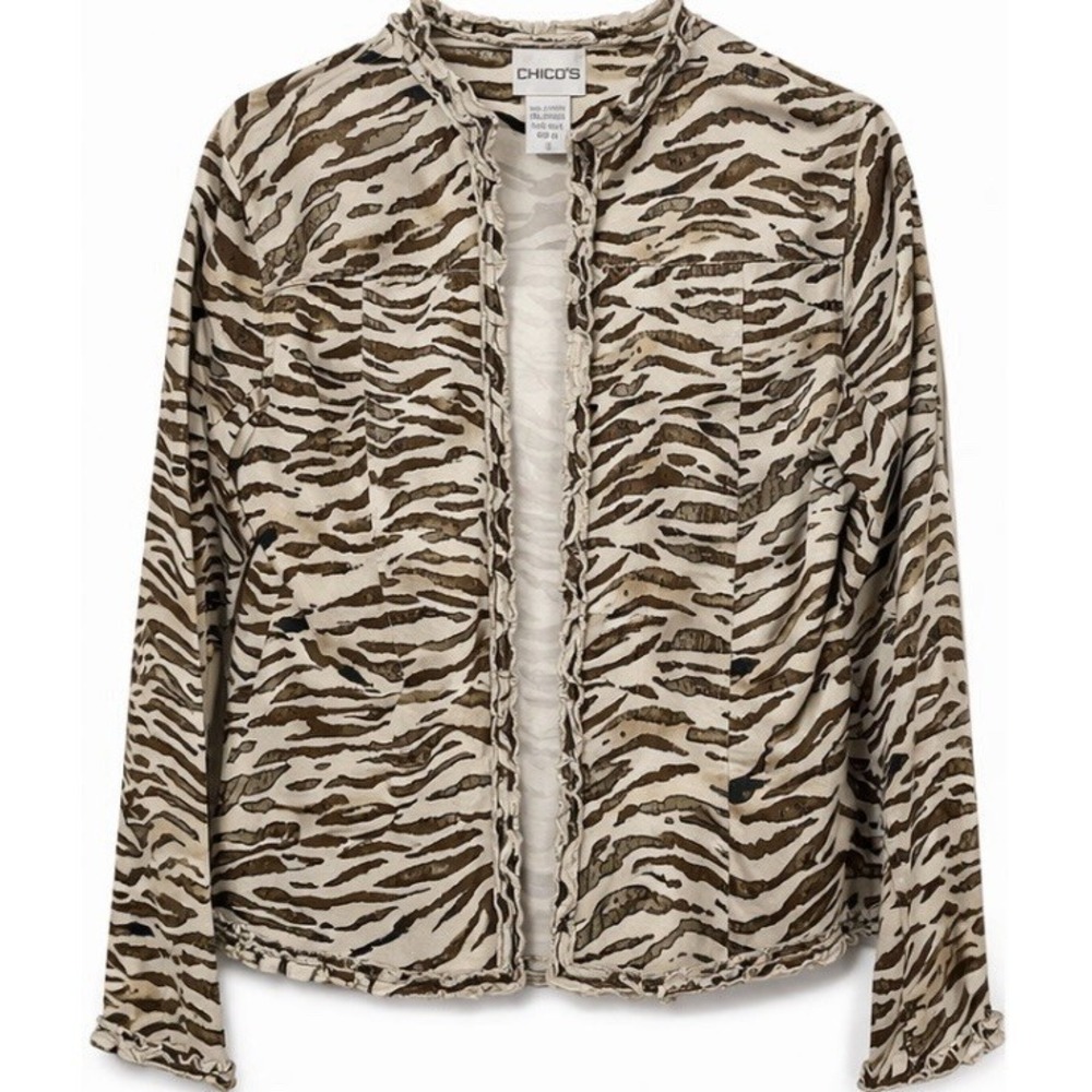 Chicos Size 0 Zebra Animal Print Open Front Jacket Ruffle Trim Stretch Crop